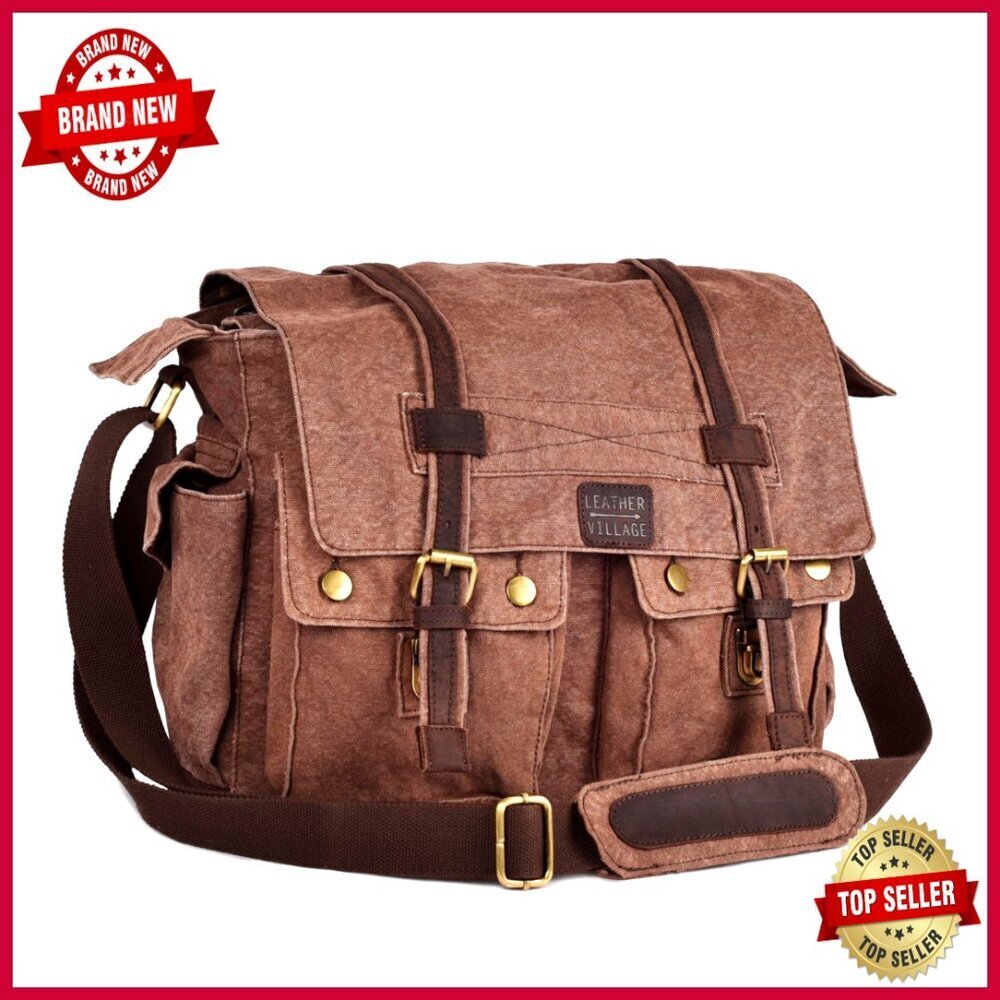 Canvas Messenger Bag for Laptops Up to 16 Inches, Adjustable Strap, Multiple